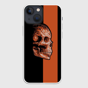 Чехол для iPhone 13 mini с принтом Череп в Петрозаводске,  |  | готика | готический стиль | готический череп | мертвец | нежить | нечисть | оранжевая полоса | черный фон