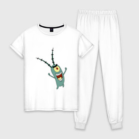 Женская пижама хлопок с принтом Планктон! в Петрозаводске, 100% хлопок | брюки и футболка прямого кроя, без карманов, на брюках мягкая резинка на поясе и по низу штанин | букашка | злобный учёный | одноглазый | планктон | улыбка. | шелдон джей