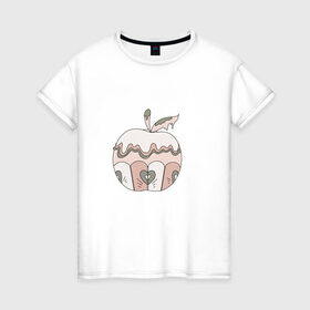 Женская футболка хлопок с принтом Волшебное яблоко в Петрозаводске, 100% хлопок | прямой крой, круглый вырез горловины, длина до линии бедер, слегка спущенное плечо | Тематика изображения на принте: крем | лист | пирожное | сердце | яблоко