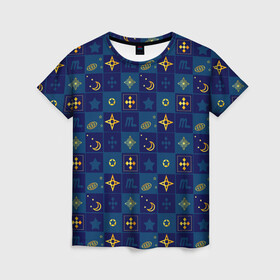 Женская футболка 3D с принтом Синий клетчатый узор-плед в Петрозаводске, 100% полиэфир ( синтетическое хлопкоподобное полотно) | прямой крой, круглый вырез горловины, длина до линии бедер | детский | звезды | космический | луна | ночь | пижамный | синий | синий и желтый