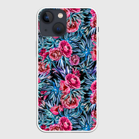 Чехол для iPhone 13 mini с принтом Тропические цветы в Петрозаводске,  |  | летний | розовый | синий | тропический узор | цветочный узор | цветы | экзотические цветы