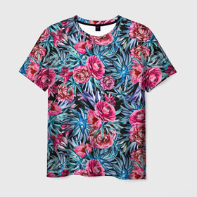 Мужская футболка 3D с принтом Тропические цветы  в Петрозаводске, 100% полиэфир | прямой крой, круглый вырез горловины, длина до линии бедер | летний | розовый | синий | тропический узор | цветочный узор | цветы | экзотические цветы