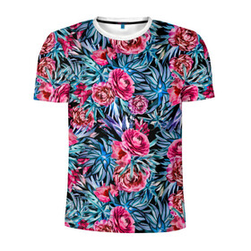 Мужская футболка 3D спортивная с принтом Тропические цветы  в Петрозаводске, 100% полиэстер с улучшенными характеристиками | приталенный силуэт, круглая горловина, широкие плечи, сужается к линии бедра | летний | розовый | синий | тропический узор | цветочный узор | цветы | экзотические цветы