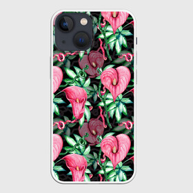 Чехол для iPhone 13 mini с принтом Цветы в райском саду в Петрозаводске,  |  | вечерний | джунгли | калла | каллы | лианы | листва | листья | праздничный | райский | сад | темный | цветочки | цветочный | цветы