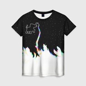Женская футболка 3D с принтом Затерянный в космосе в Петрозаводске, 100% полиэфир ( синтетическое хлопкоподобное полотно) | прямой крой, круглый вырез горловины, длина до линии бедер | звезды слон пламя потерянный забытый радуга хобот огонь