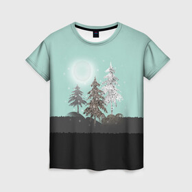 Женская футболка 3D с принтом Лес. Мозаичный узор  в Петрозаводске, 100% полиэфир ( синтетическое хлопкоподобное полотно) | прямой крой, круглый вырез горловины, длина до линии бедер | бирюзовый | елка | ель | зима | картина | лес | луна горы | мозаика | новогодний | холмы