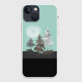 Чехол для iPhone 13 mini с принтом Лес. Мозаичный узор в Петрозаводске,  |  | бирюзовый | елка | ель | зима | картина | лес | луна горы | мозаика | новогодний | холмы