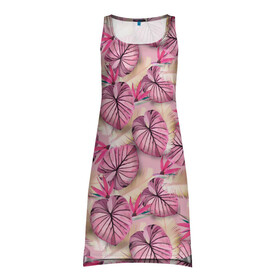 Платье-майка 3D с принтом Розовый тропический узор в Петрозаводске, 100% полиэстер | полуприлегающий силуэт, широкие бретели, круглый вырез горловины, удлиненный подол сзади. | бежевый | листья | пальмовые листья | розовые цветы | розовый | тропические цветы | цветочный