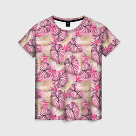 Женская футболка 3D с принтом Розовый тропический узор в Петрозаводске, 100% полиэфир ( синтетическое хлопкоподобное полотно) | прямой крой, круглый вырез горловины, длина до линии бедер | бежевый | листья | пальмовые листья | розовые цветы | розовый | тропические цветы | цветочный
