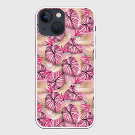 Чехол для iPhone 13 mini с принтом Розовый тропический узор в Петрозаводске,  |  | бежевый | листья | пальмовые листья | розовые цветы | розовый | тропические цветы | цветочный