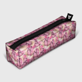 Пенал школьный 3D с принтом Розовый тропический узор в Петрозаводске, 100% полиэстер | плотная ткань, застежка на молнии | бежевый | листья | пальмовые листья | розовые цветы | розовый | тропические цветы | цветочный