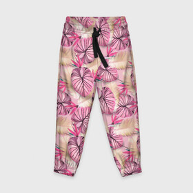 Детские брюки 3D с принтом Розовый тропический узор в Петрозаводске, 100% полиэстер | манжеты по низу, эластичный пояс регулируется шнурком, по бокам два кармана без застежек, внутренняя часть кармана из мелкой сетки | бежевый | листья | пальмовые листья | розовые цветы | розовый | тропические цветы | цветочный