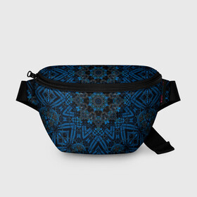 Поясная сумка 3D с принтом Черно-синяя мандала .  в Петрозаводске, 100% полиэстер | плотная ткань, ремень с регулируемой длиной, внутри несколько карманов для мелочей, основное отделение и карман с обратной стороны сумки застегиваются на молнию | калейдоскоп | круглый | модный | орнамент | синий | современный | темно синий | этнический