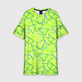 Детское платье 3D с принтом Абстрактный неоновый зеленый в Петрозаводске, 100% полиэстер | прямой силуэт, чуть расширенный к низу. Круглая горловина, на рукавах — воланы | Тематика изображения на принте: абстрактный | геометрический | детский | зеленый | летний | неоновый | ретро | треугольники