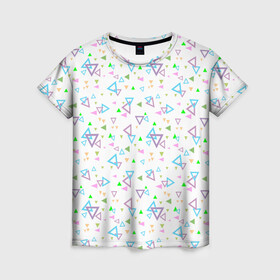 Женская футболка 3D с принтом Детский абстрактный узор  в Петрозаводске, 100% полиэфир ( синтетическое хлопкоподобное полотно) | прямой крой, круглый вырез горловины, длина до линии бедер | геометрические фигуры | детский | малышам | разноцветные треугольники | ретро