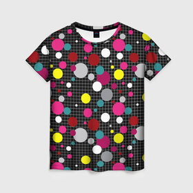 Женская футболка 3D с принтом Разноцветный горох на черном  в Петрозаводске, 100% полиэфир ( синтетическое хлопкоподобное полотно) | прямой крой, круглый вырез горловины, длина до линии бедер | в горох | детский | для детей | желтый горох | клетка | красный | малышам | мальчиковый узор | разноцветный горох | темный | черный