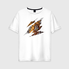 Женская футболка хлопок Oversize с принтом Тигр в Петрозаводске, 100% хлопок | свободный крой, круглый ворот, спущенный рукав, длина до линии бедер
 | большая кошка | животные. дикая кошка | звери | порезы | тигр | хищник | царапины