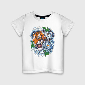 Детская футболка хлопок с принтом Тигр в цветах в Петрозаводске, 100% хлопок | круглый вырез горловины, полуприлегающий силуэт, длина до линии бедер | Тематика изображения на принте: волны | голова тигра | дикая кошка | животные | крупная кошка | тигр | хищник | хризантема | цветы