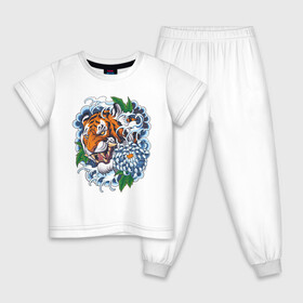 Детская пижама хлопок с принтом Тигр в цветах в Петрозаводске, 100% хлопок |  брюки и футболка прямого кроя, без карманов, на брюках мягкая резинка на поясе и по низу штанин
 | волны | голова тигра | дикая кошка | животные | крупная кошка | тигр | хищник | хризантема | цветы