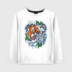 Детский лонгслив хлопок с принтом Тигр в цветах в Петрозаводске, 100% хлопок | круглый вырез горловины, полуприлегающий силуэт, длина до линии бедер | волны | голова тигра | дикая кошка | животные | крупная кошка | тигр | хищник | хризантема | цветы