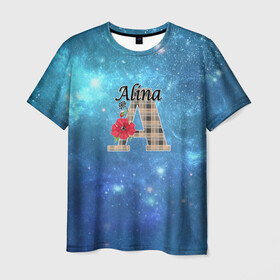 Мужская футболка 3D с принтом Монограмма Алина в Петрозаводске, 100% полиэфир | прямой крой, круглый вырез горловины, длина до линии бедер | буква а | детский | красные цветы | молодежный | монограмма | синий | цветы