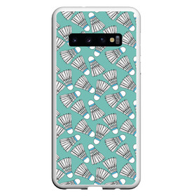 Чехол для Samsung Galaxy S10 с принтом Воланы на ментоловом в Петрозаводске, Силикон | Область печати: задняя сторона чехла, без боковых панелей | бадминтон | белый | воланы | ментоловый | минт | нежно зеленый | орнамент | паттерн | спорт | спортивное | узор | цвет тиффани