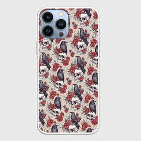 Чехол для iPhone 13 Pro Max с принтом Skull raven в Петрозаводске,  |  | art | flowers | gothic | pattern | raven | roses | skull | арт | ворон | готика | паттерн | розы | цветы | череп