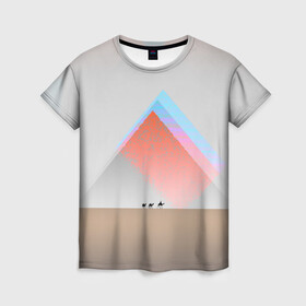 Женская футболка 3D с принтом Пустынный мираж в Петрозаводске, 100% полиэфир ( синтетическое хлопкоподобное полотно) | прямой крой, круглый вырез горловины, длина до линии бедер | верблюды | глюк | караван | пирамиды | путник | треугольник | цветовой шум