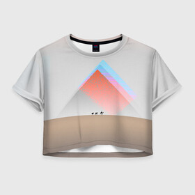 Женская футболка Crop-top 3D с принтом Пустынный мираж в Петрозаводске, 100% полиэстер | круглая горловина, длина футболки до линии талии, рукава с отворотами | верблюды | глюк | караван | пирамиды | путник | треугольник | цветовой шум