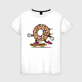 Женская футболка хлопок с принтом Пончик на скейте в Петрозаводске, 100% хлопок | прямой крой, круглый вырез горловины, длина до линии бедер, слегка спущенное плечо | donkey | sport | пончик | скейт | скорость | сладость