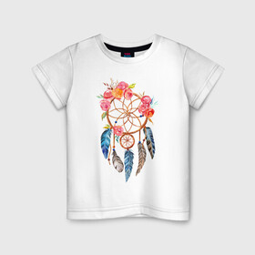 Детская футболка хлопок с принтом Ловец снов в Петрозаводске, 100% хлопок | круглый вырез горловины, полуприлегающий силуэт, длина до линии бедер | акварель | ловец снов | перья | рисунок | цветы