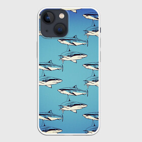 Чехол для iPhone 13 mini с принтом Акулы Паттерн в Петрозаводске,  |  | shark | акулы | иллюстрация | морские жители | морские обитатели | паттерн | рисунок | рыбы