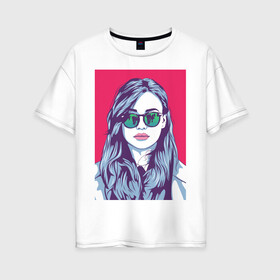 Женская футболка хлопок Oversize с принтом Девушка в Петрозаводске, 100% хлопок | свободный крой, круглый ворот, спущенный рукав, длина до линии бедер
 | девушка | красный фон | очки | поп арт | портрет