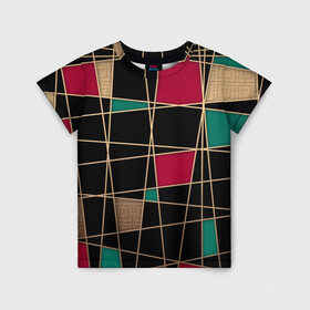 Детская футболка 3D с принтом Модный  абстрактный узор  в Петрозаводске, 100% гипоаллергенный полиэфир | прямой крой, круглый вырез горловины, длина до линии бедер, чуть спущенное плечо, ткань немного тянется | бирюзовый | золотой | красный | модный | молодежный | мужской | полосы | современный | текстура | черный