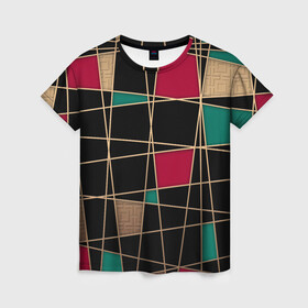 Женская футболка 3D с принтом Модный  абстрактный узор  в Петрозаводске, 100% полиэфир ( синтетическое хлопкоподобное полотно) | прямой крой, круглый вырез горловины, длина до линии бедер | бирюзовый | золотой | красный | модный | молодежный | мужской | полосы | современный | текстура | черный