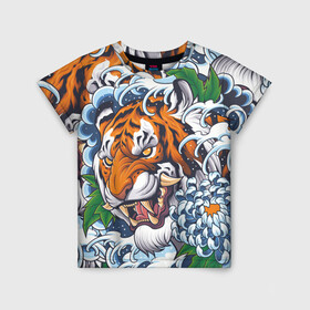 Детская футболка 3D с принтом Тигр в Петрозаводске, 100% гипоаллергенный полиэфир | прямой крой, круглый вырез горловины, длина до линии бедер, чуть спущенное плечо, ткань немного тянется | дикая кошка | зверь | клык | крупная кошка | тигр | хищник | хризантема | цветы | япония