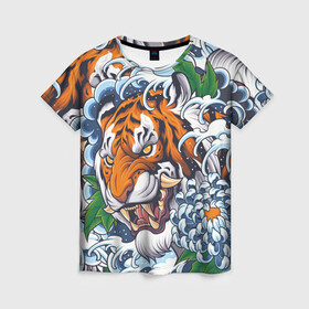 Женская футболка 3D с принтом Тигр в Петрозаводске, 100% полиэфир ( синтетическое хлопкоподобное полотно) | прямой крой, круглый вырез горловины, длина до линии бедер | дикая кошка | зверь | клык | крупная кошка | тигр | хищник | хризантема | цветы | япония