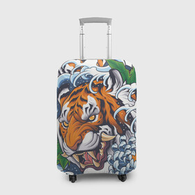 Чехол для чемодана 3D с принтом Тигр в Петрозаводске, 86% полиэфир, 14% спандекс | двустороннее нанесение принта, прорези для ручек и колес | дикая кошка | зверь | клык | крупная кошка | тигр | хищник | хризантема | цветы | япония