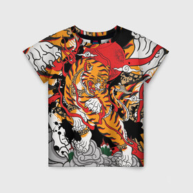 Детская футболка 3D с принтом Самурайский тигр в Петрозаводске, 100% гипоаллергенный полиэфир | прямой крой, круглый вырез горловины, длина до линии бедер, чуть спущенное плечо, ткань немного тянется | воин | год тигра | закат | крупная кошка | полосы | тигр | тигриная лапа | хищник