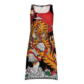 Платье-майка 3D с принтом Самурайский тигр в Петрозаводске, 100% полиэстер | полуприлегающий силуэт, широкие бретели, круглый вырез горловины, удлиненный подол сзади. | воин | год тигра | закат | крупная кошка | полосы | тигр | тигриная лапа | хищник