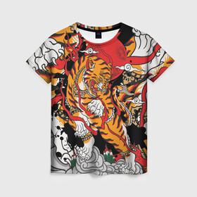 Женская футболка 3D с принтом Самурайский тигр в Петрозаводске, 100% полиэфир ( синтетическое хлопкоподобное полотно) | прямой крой, круглый вырез горловины, длина до линии бедер | воин | год тигра | закат | крупная кошка | полосы | тигр | тигриная лапа | хищник