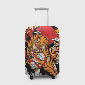 Чехол для чемодана 3D с принтом Самурайский тигр в Петрозаводске, 86% полиэфир, 14% спандекс | двустороннее нанесение принта, прорези для ручек и колес | воин | год тигра | закат | крупная кошка | полосы | тигр | тигриная лапа | хищник