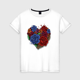 Женская футболка хлопок с принтом Цветочное сердце в Петрозаводске, 100% хлопок | прямой крой, круглый вырез горловины, длина до линии бедер, слегка спущенное плечо | colorful | love | иллюстрация | роза | цветок | цветы