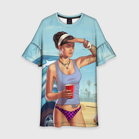 Детское платье 3D с принтом girl with coffee в Петрозаводске, 100% полиэстер | прямой силуэт, чуть расширенный к низу. Круглая горловина, на рукавах — воланы | art | beach | car | game | grand theft auto v | gta 5 | gta online | sand | sky | арт | гта 5 | гта онлайн | игра | машина | небо | песок | пляж
