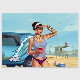 Поздравительная открытка с принтом girl with coffee в Петрозаводске, 100% бумага | плотность бумаги 280 г/м2, матовая, на обратной стороне линовка и место для марки
 | Тематика изображения на принте: art | beach | car | game | grand theft auto v | gta 5 | gta online | sand | sky | арт | гта 5 | гта онлайн | игра | машина | небо | песок | пляж