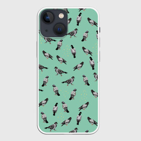 Чехол для iPhone 13 mini с принтом Голуби на зеленом в Петрозаводске,  |  | pigeon | голуби | голубь | домашние голуби | зеленый | иллюстрация | паттерн | птицы | рисунок