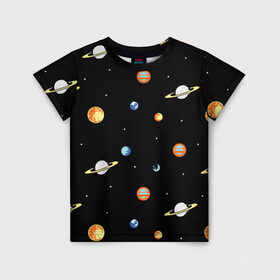 Детская футболка 3D с принтом Планеты в космосе в Петрозаводске, 100% гипоаллергенный полиэфир | прямой крой, круглый вырез горловины, длина до линии бедер, чуть спущенное плечо, ткань немного тянется | венера | звезды | земля | иллюстрация | космос | паттерн | планеты | рисунок | сатурн | черный | юпитер