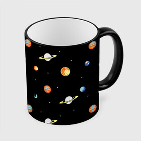 Кружка с полной запечаткой с принтом Планеты в космосе в Петрозаводске, керамика | ёмкость 330 мл | венера | звезды | земля | иллюстрация | космос | паттерн | планеты | рисунок | сатурн | черный | юпитер