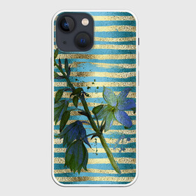 Чехол для iPhone 13 mini с принтом Сумеречные цветы и золото в Петрозаводске,  |  | акварель | бирюзовые | брызги | вечер | женственный | золотистые | золото | золотые | полоски | сумерки | цветок | цветочки | цветочный | цветы