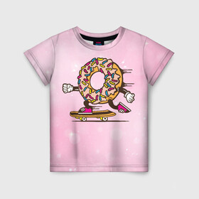 Детская футболка 3D с принтом Пончик на скейте в Петрозаводске, 100% гипоаллергенный полиэфир | прямой крой, круглый вырез горловины, длина до линии бедер, чуть спущенное плечо, ткань немного тянется | donkey | sport | пончик | скейт | скорость | сладость
